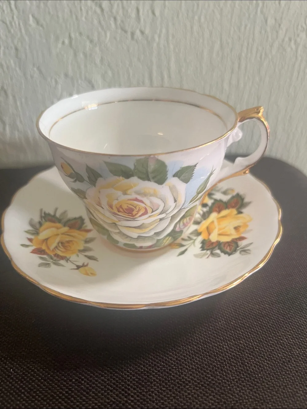 2987*Vintage White Porcelain Tea Cup & Saucer with Yellow Rose Motif & Gold Trim